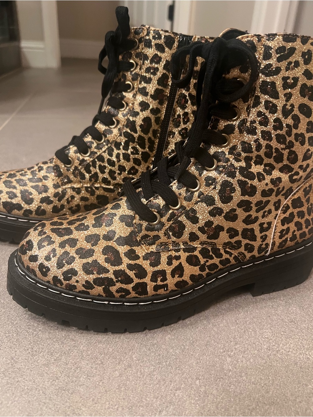 Glitter Cheetah Leopard Print Lace-Up Combat Boots - Women's Size 8 Sparkling